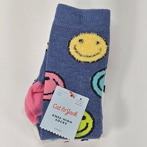 Cat & Jack Kids Knee High Socks 2 Pairs Smiley Face Print Size S‎ Shoe 5.5-8.5